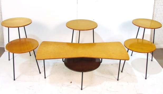 4 pc. MID CENTURY MODERN MAPLE & IRON TABLE SET: Set consists of 2 two tier end tables, 1 coffee table, and 1 plant stand. Good condition with wear. 17 1/2"h. x 41 1/4"w. x 17 1/4"d.