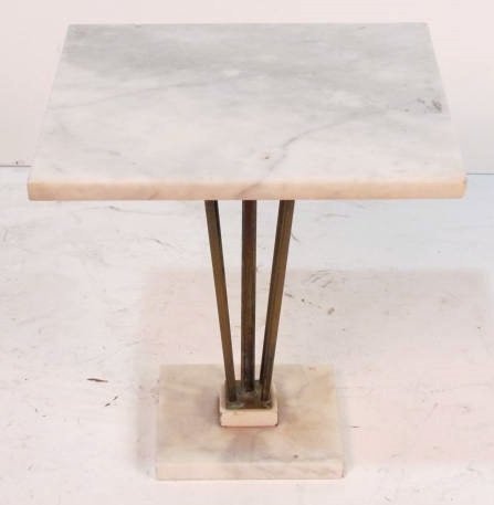 PARZINGER STYLE MARBLE & BRASS TABLE: Some pitting to metal. Small edge chips on marble. Good condition. 15 3/4"h. x 16"sq.