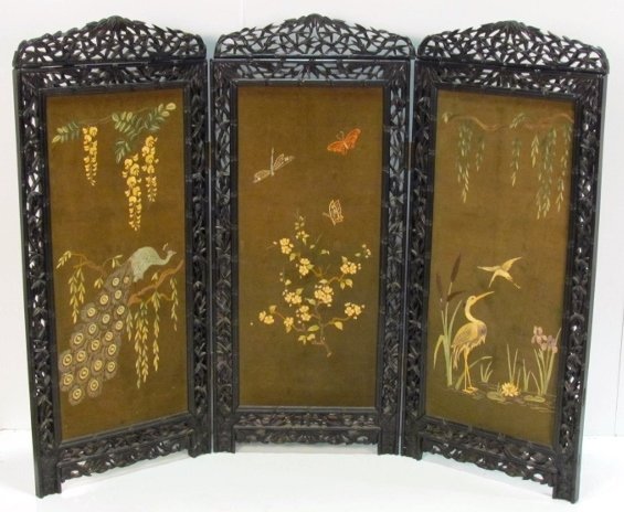 TEAK 19th c. CHINESE CARVED TEAK SCREEN w/ TAPESTRY: Each panel measures 54 1/4"h. x 23 1/4"w.