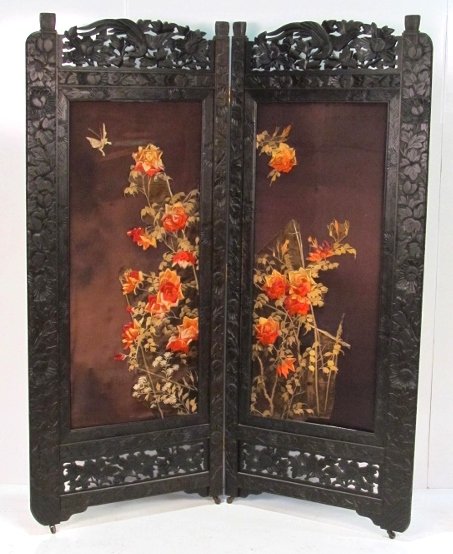 19th c. CARVED CHINESE SCREEN w/ TAPESTRY: Very good condition. Each panel measures 74"h. x 31"w.
