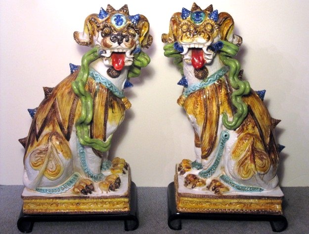 Pair LARGE 28" ITALIAN MAJOLICA CHINESE FOO DOGS: Early 20th c. Hand painted. Very good condition with repaired crack on base of one dog.