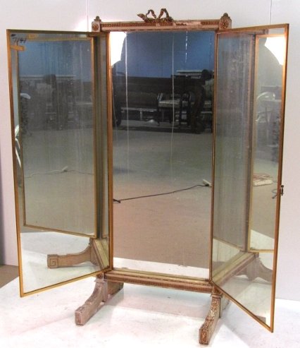 MIROIR BROT 19th c. FRENCH FOLDING CHEVAL MIRROR: Damage to rear legs and top crest. Fair condition. 72 1/2"h. x 32 1/4"w. x 28"d.