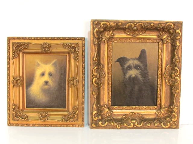 2 KURT URION PAINTINGS of DOGS: Signed K. Urion. Oil on canvas. Very good condition. Acquired from family of artist. Largest 10 1/2"h. x 7 3/4"w.