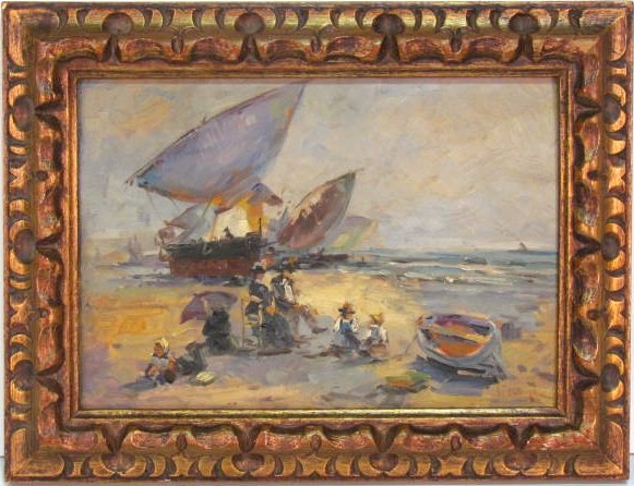 ANTIQUE FRENCH IMPRESSIONIST PAINTING BEACH SCENE: Signature indiscernible. Oil on board. Very good condition. Stretcher 7 1/4"h. x 10 1/4"w.