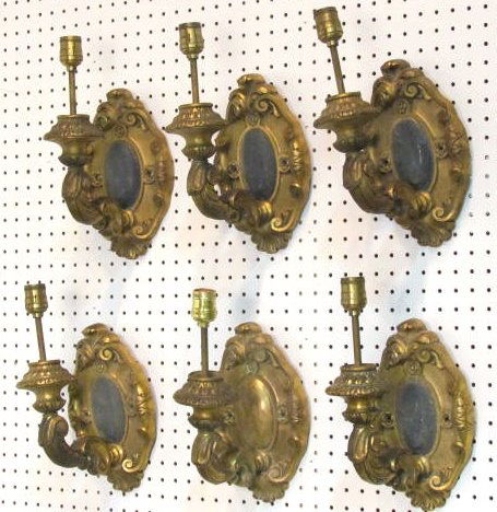 6 ANTIQUE FRENCH BRONZE WALL SCONCES: Good condition. Backplates 10 1/4"h. x 6 1/2"w.