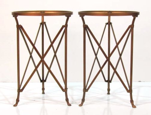 Pair DIRECTOIRE STYLE METAL GUERIDONS: Recent manufacture. Gilt glass tops. Very good condition. 26 1/2"h. x 17"diam.