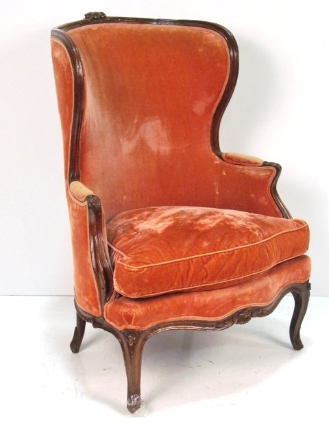 18th c. FRENCH CARVED WALNUT BERGERE: Good condition for age. Worm holes. 40"h. x 30"w. x 30"d.