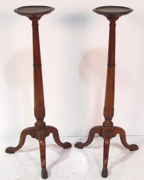 Pair 19th c. GEORGIAN CANDLESTANDS: Some damages. Fair condition. 37 1/4"h. x 17"diam.