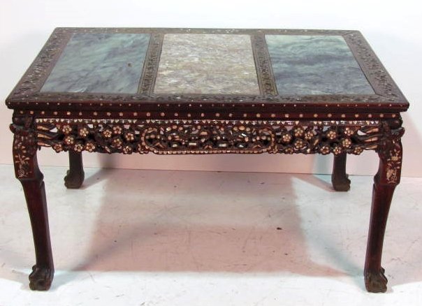 19th c. CHINESE INLAID TEAK MARBLETOP CENTER TABLE: Mother of pearl inlay. Most of inlay missing on top. Cracks in marble. 30"h. x 52 1/2"w. x 36"d.