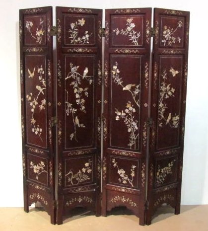 CHINESE INLAID 4 SECTION TEAK SCREEN: Very good condition. A few small missing pieces of inlay. 72"h. x 64"w.