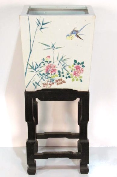 ANTIQUE CHINESE PORCELAIN PLANTER & STAND: Good condition. Bottom has been professionally repainted. The damage is not visible but possibly damaged underneath. 26 1/4"h. x 10"diam.
