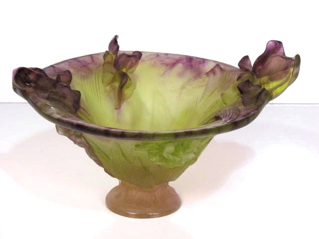 DAUM PATE DE VERRE ART GLASS BOWL: Green and purple glass with raised flowers. Signed Daum France. Very good condition. 7 1/4"h. x 12 1/2"w. x 10 1/4"d.