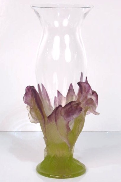 13 3/8" DAUM PATE DE VERRE ART GLASS VASE w/ FLOWERS: Signed Daum France. Very good condition.
