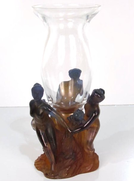 9 7/8" DAUM PATE DE VERRE ART GLASS VASE w/ NUDES: Signed Daum France. Very good condition.