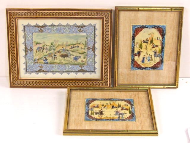 3 PERSIAN PAINTINGS OF BATTLE SCENES: On faux ivory or bone. Very good condition. Largest 4 3/4" x 8".