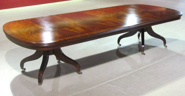 11 ft. HEPPLEWHITE STYLE BANDED DINING TABLE: Very good condition. 30"h. x 53 3/4"w. x 84" long, extends to 132" with two 24" boards.