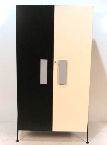 ITALIAN BLACK & WHITE TEAK LAMINATE CABINET: Iron legs. Very good condition. 68 3/4"h. x 35 1/4"w. x 17 3/4"d.