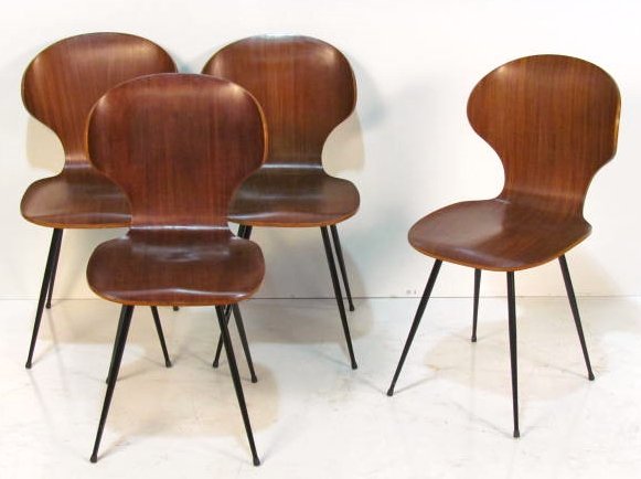 4 CARLO RATTI ITALIAN PLYWOOD CHAIRS: Iron frames. Good condition. 31 1/4"h. x 16"w. x 22"d.