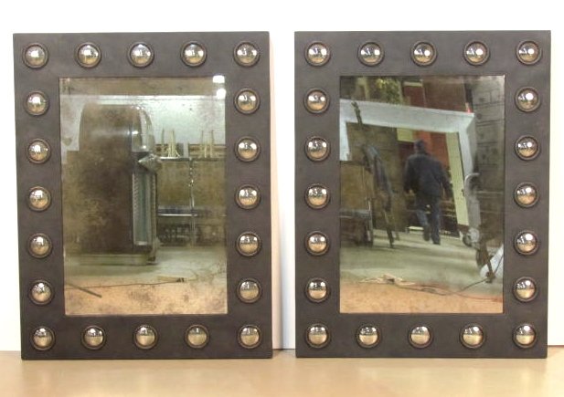 Pair INDUSTRIAL IRON MIRRORS w/ CONVEX MIRRORS: Very good condition. 51 1/4"h. x 39"w.