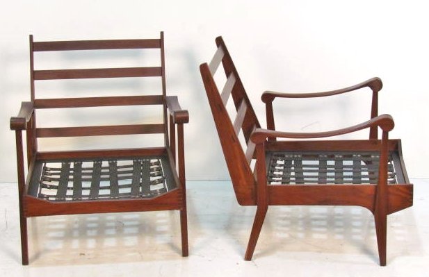 SCANDINAVIAN MODERN TEAK STUDIO LOUNGE CHAIRS: Handmade construction. No cushions. Good condition. 31 1/4"h. x 27 1/4"w. x 33"d.