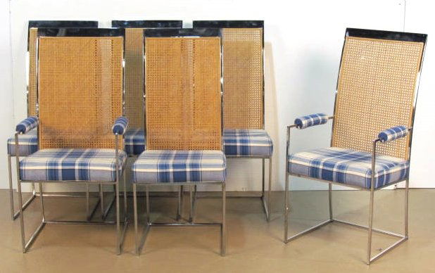 6 MILO BAUGHMAN THAYER COGGIN CHROME DINING CHAIRS: Caned backs. Very good condition. 43 1/4"h. x 20"w. x 18"d.