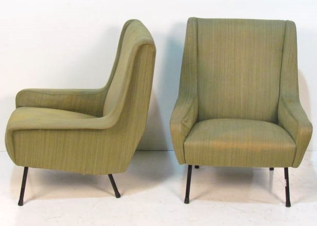 Pair ITALIAN MODERN LOUNGE CHAIRS attributed ARFLEX: Lightly worn and soiled fabric. Good condition. 34"h. x 28"w. x 29"d.