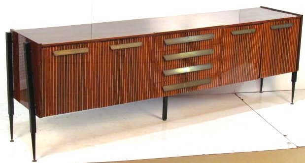 ITALIAN MODERN INLAID & EBONIZED SIDEBOARD: Brass hardware. Very good condition. 29 3/4"h. x 89 1/2"w. x 18"d.