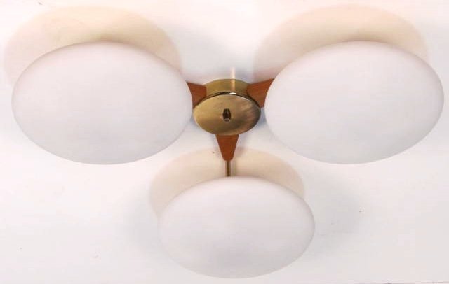 1960's EJS LIGHTING 3 GLOBE CEILING FIXTURE: 3 glass globes. Very good condition. 7 1/4"h. x 34 1/4"diam. Rewiring recommended or may be required on all lighting.