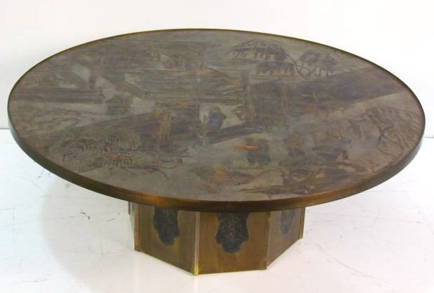 PHILIP & KELVIN LAVERNE ROUND CHAN COFFEE TABLE: Very good condition. 17 1/2"h. x 47 3/4"diam.