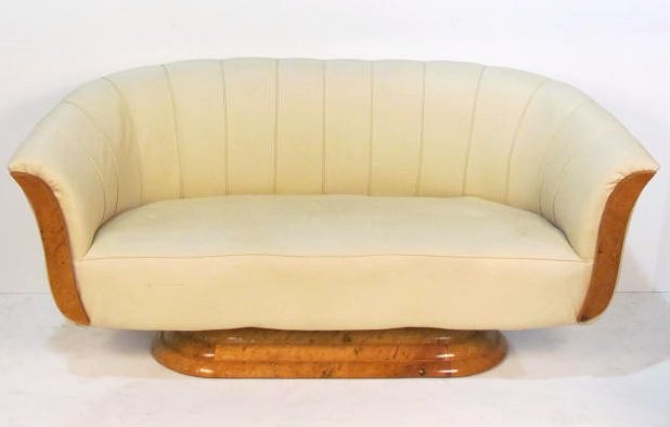 ART DECO BURL WOOD LOVESEAT: Vinyl upholstery. Good condition. 33"h. x 70"w. x 25"d.