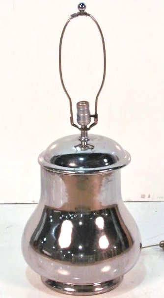 MODERN CHROME LUSTRE CERAMIC TABLE LAMP: Good condition. 30"h. Rewiring recommended or may be required on all lighting.