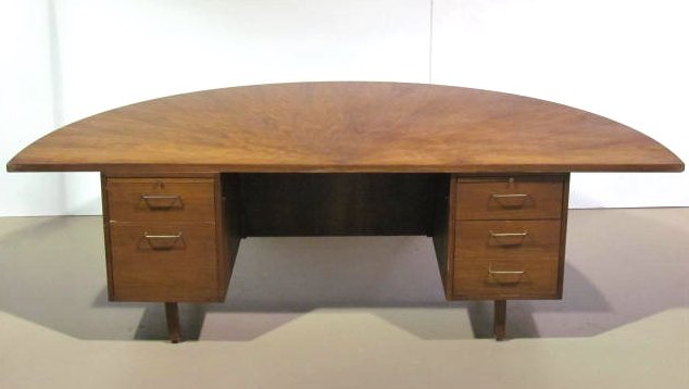 LARGE MODERN WALNUT HALF ROUND EXECUTIVE DESK: Minor veneer damage. Good condition. 29 1/2"h. x 93"w. x 48"d.