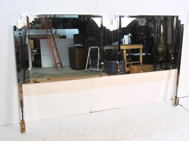 MODERN DESIGN MIRRORED HEADBOARD: Very good condition. 46"h. x 76 1/2"w. x 26 1/4"d.