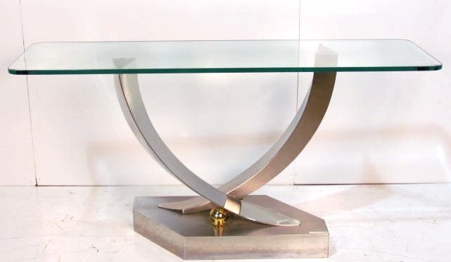 GREG SHERES MODERN SCULPTURAL CONSOLE TABLE: Very good condition. Signed and numbered 84/300. Beveled glass. 30"h. x 60"w. x 18"d.
