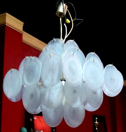 ITALIAN VISTOSI STYLE BLUE IRIDESCENT CHANDELIER: Iridescent glass disks. Very good condition. 19"h. x 18" square. Rewiring recommended or may be required on all lighting.