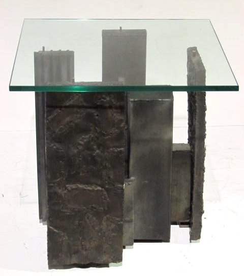 PAUL EVANS STYLE BRUTALIST GLASSTOP TABLE: Welded metal. Very good condition. 21 1/2"h. x 22" square.