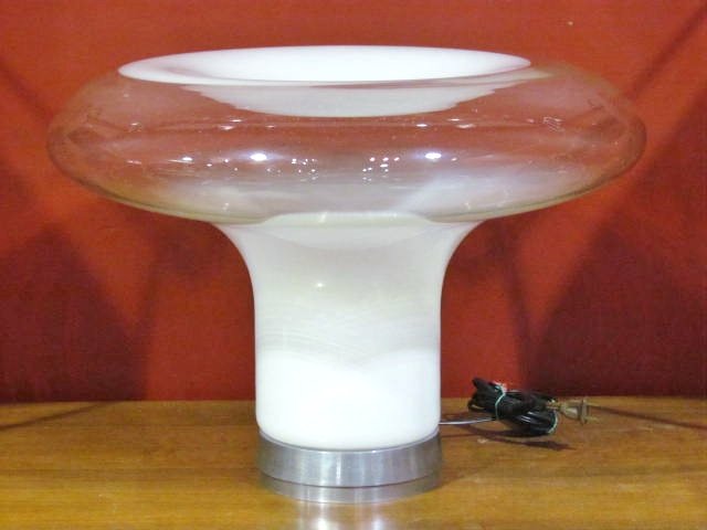 ANGELO MANGIAROTTI for ARTEMIDE LESBO LAMP: Glass with chrome base. Very good condition. 14"h. x 19 1/2" diameter.