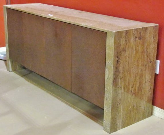 MODERN TRAVERTINE & FAUX OSTRICH LEATHER CONSOLE: Travertine marble top and sides. Faux ostrich skin leather doors. Very good condition. 33 1/4"h. x 77 3/4"w. x 19 3/4"d.