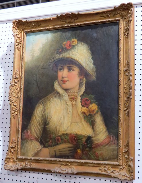 19th c. R. ROBERTS PORTRAIT PAINTING of a LADY: Signed R. Roberts. Age cracking. Relined. Very good condition. Oil on canvas. Stretcher 22"h. x 27 1/4"w. Frame 33"h. x 26 1/2"w.