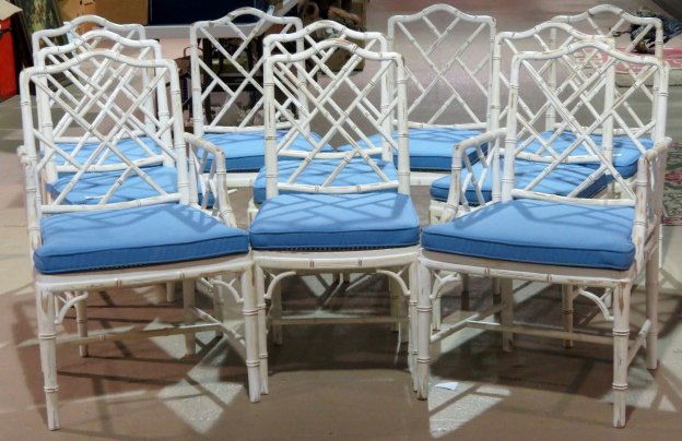 10 DISTRESS PAINTED FAUX BAMBOO CANED DINING CHAIRS: Distress white painted frame. Caned seats. 36 1/2"h. x 23"w. x 19"d.