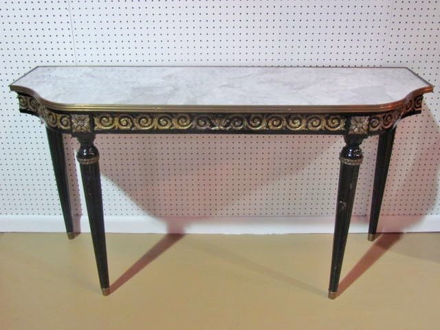 JANSEN EBONIZED & BRONZE MOUNTED MARBLETOP CONSOLE: Wear. Repaired marble. 31"h. x 57 3/4"w. x 19"d.