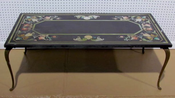 BLACK MARBLE PIETRA DURA COFFEE TABLE: 17"h. x 27 1/4"w. x 23 3/4"d.