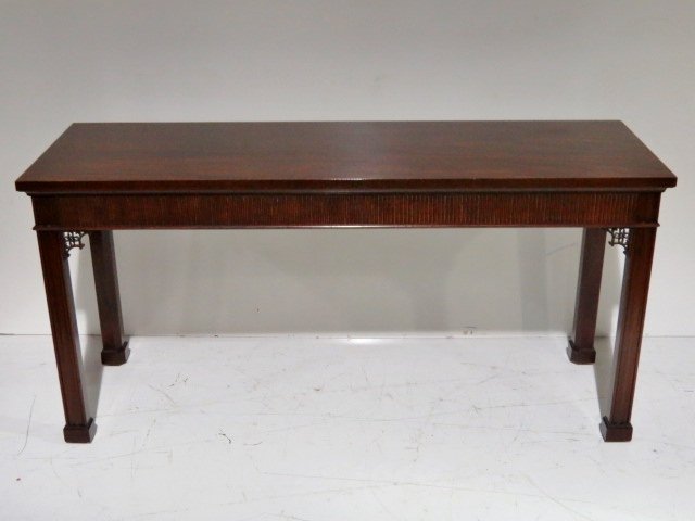KITTINGER CHINESE CHIPPENDALE CONSOLE SOFA TABLE: Mahogany. Wear to top. 27 1/2"h. x 56"w. x 18"d.