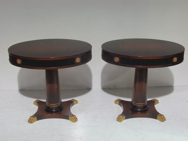Pair CLAW FOOT SIDE TABLES: Loose bases. Wear to top. Made in Spain. 25"h. x 28"w. x 20 1/2"d.