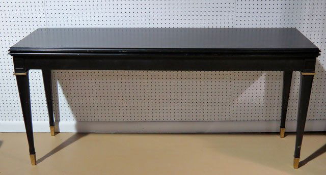 MAISON JANSEN EBONIZED & BRONZE MOUNTED CONSOLE DINING: Paint loss. Some loose mounts. Damages to pullout. 30"h. x 66"w. x 19 1/2"d.