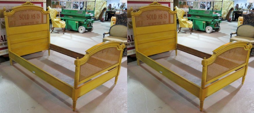 Pair FRENCH PAINTED & CANED TWIN BEDS: Painted frame with caned panels. 55 1/4"h. x 78"w. x 45"d.