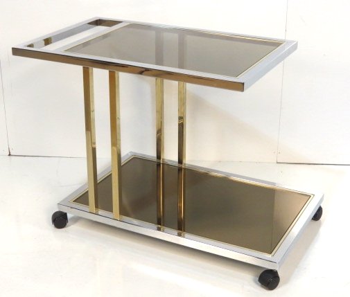 MODERN DESIGN CHROME & BRASS BAR CART: Very good condition. 26 1/4"h. x 38 1/2"w. x 21"d.