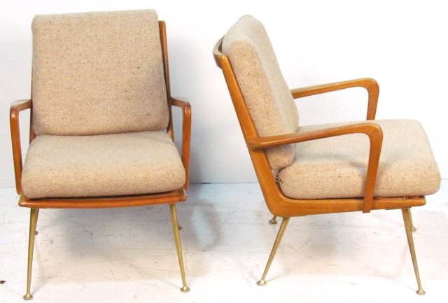 Pair SOLOFORM LANGE & MITZLAFF BOOMERANG LOUNGE CHAIRS: Burlap upholstery. Brass legs. Very good condition. 30"h. x 24"w. x 21 3/4"d.