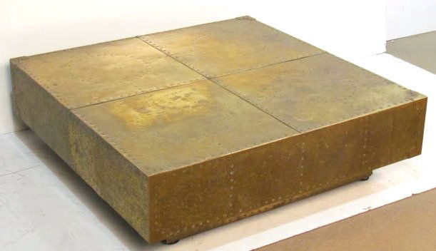 PAUL EVANS STYLE BRASS PATCHWORK COCKTAIL TABLE: Unsigned. Some wear to finish. Good condition. 13"h. x 40 1/4"sq.