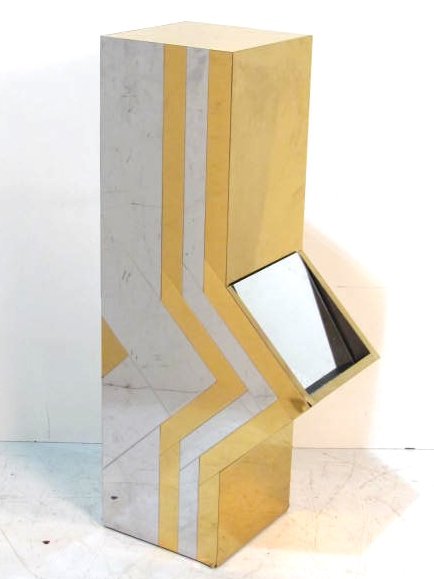 PAUL EVANS STYLE PATCHWORK METAL PEDESTAL: Bent metal edges. Replaced mirror panels. Good condition. 43 1/2"h. x 21"w. x 12 1/4"d.